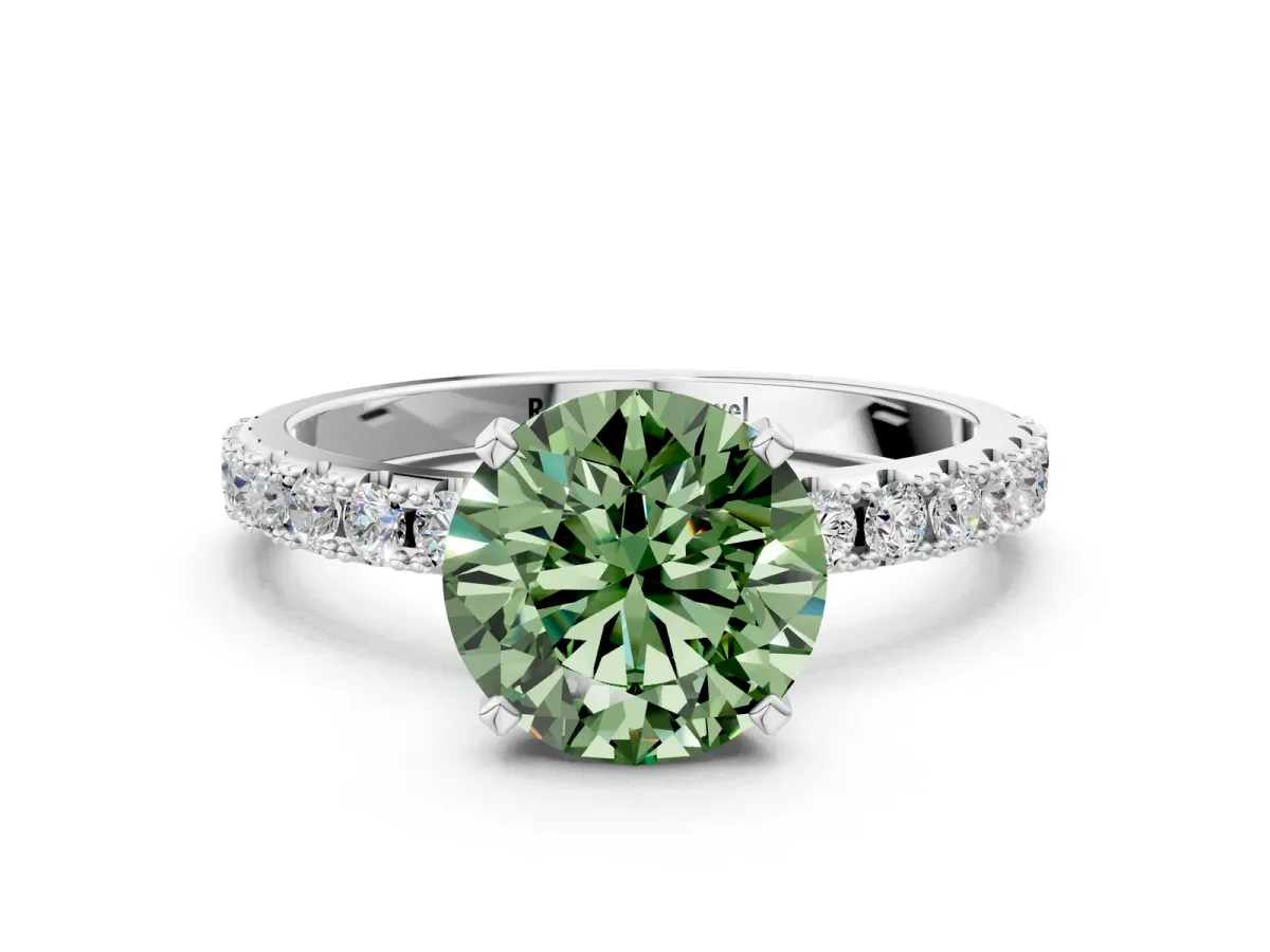 Fancy Green Round Cut Diamond Solitaire Pavé Band with Four-Prong Setting Platinum