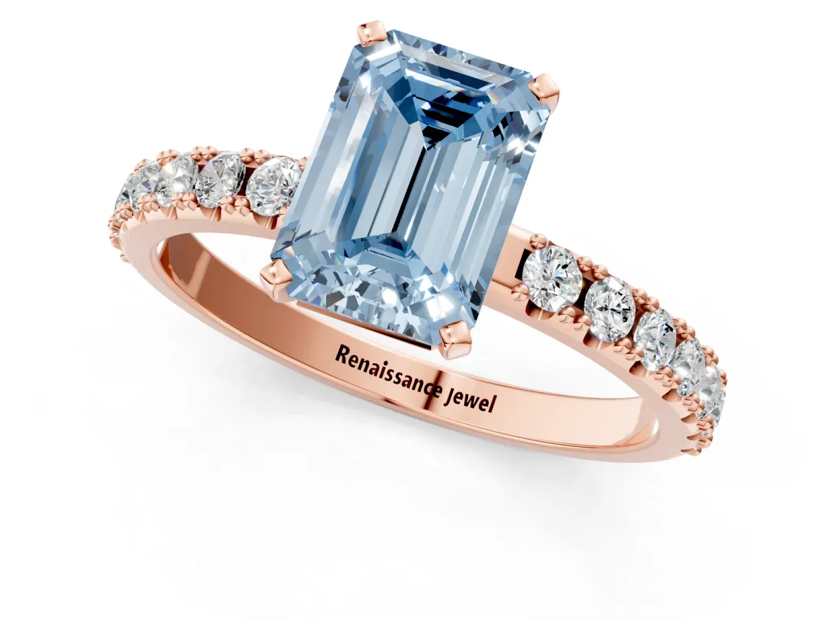 Fancy Blue Emerald Cut Diamond Solitaire Pavé Band with Four-Prong Setting Rose gold
