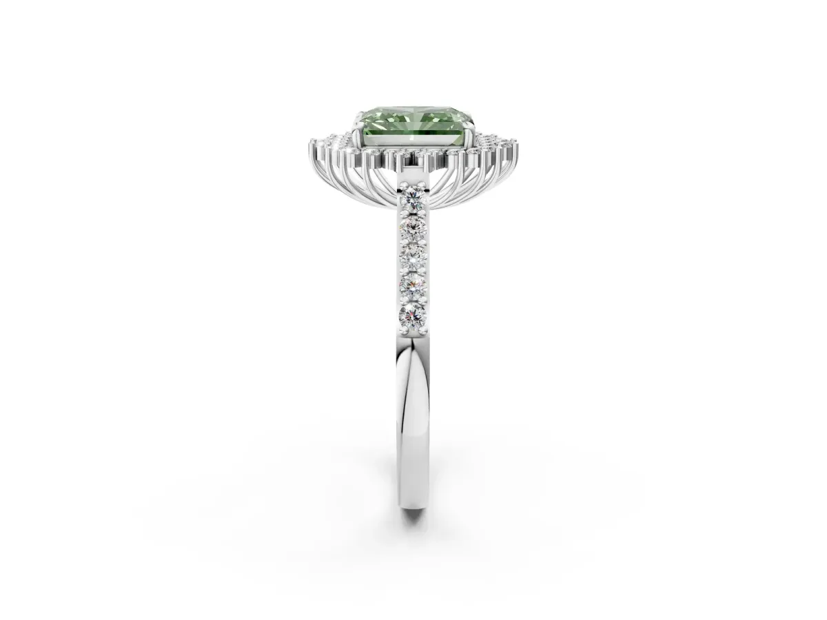 Fancy Green Radiant Cut Cut Diamond Sunburst Halo Engagement Ring with Pavé Band Platinum