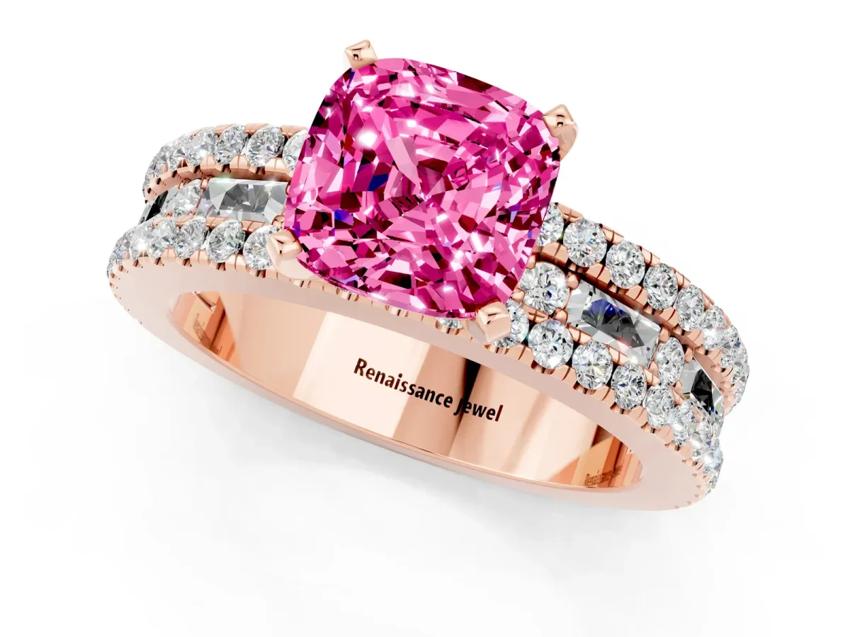 Cushion Cut Pink Sapphire Solitaire Ring with Pavé and Channel Set Band Rose gold