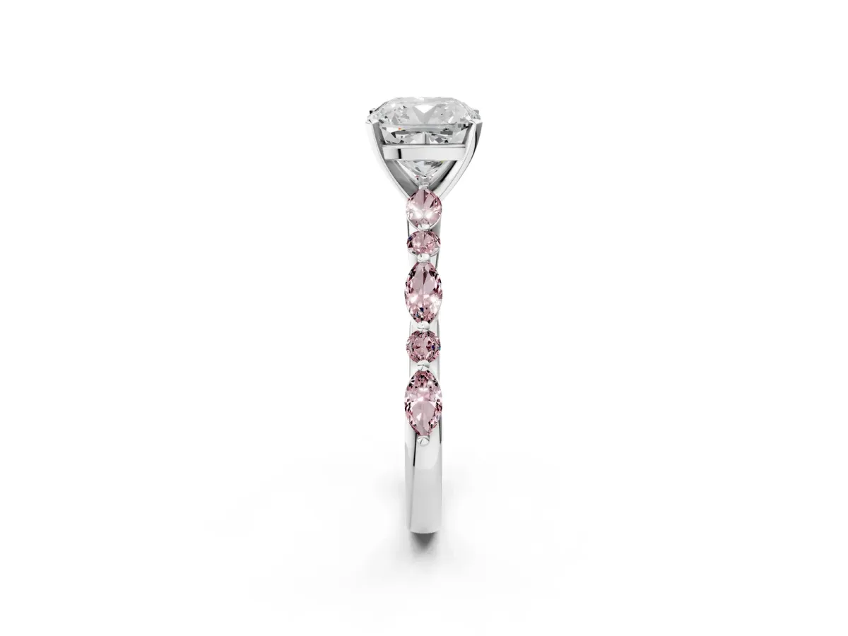 Cushion Cut Diamond Ring with Marquise and Round Morganite Side Stones and Four-Prong Setting White gold