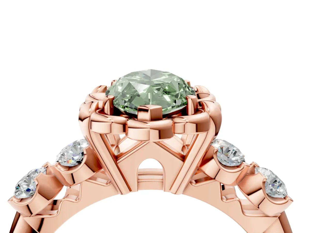 Fancy Green Marquise Cut Cut Diamond Floral Halo Engagement Ring with Shared Prong Setting Rose gold