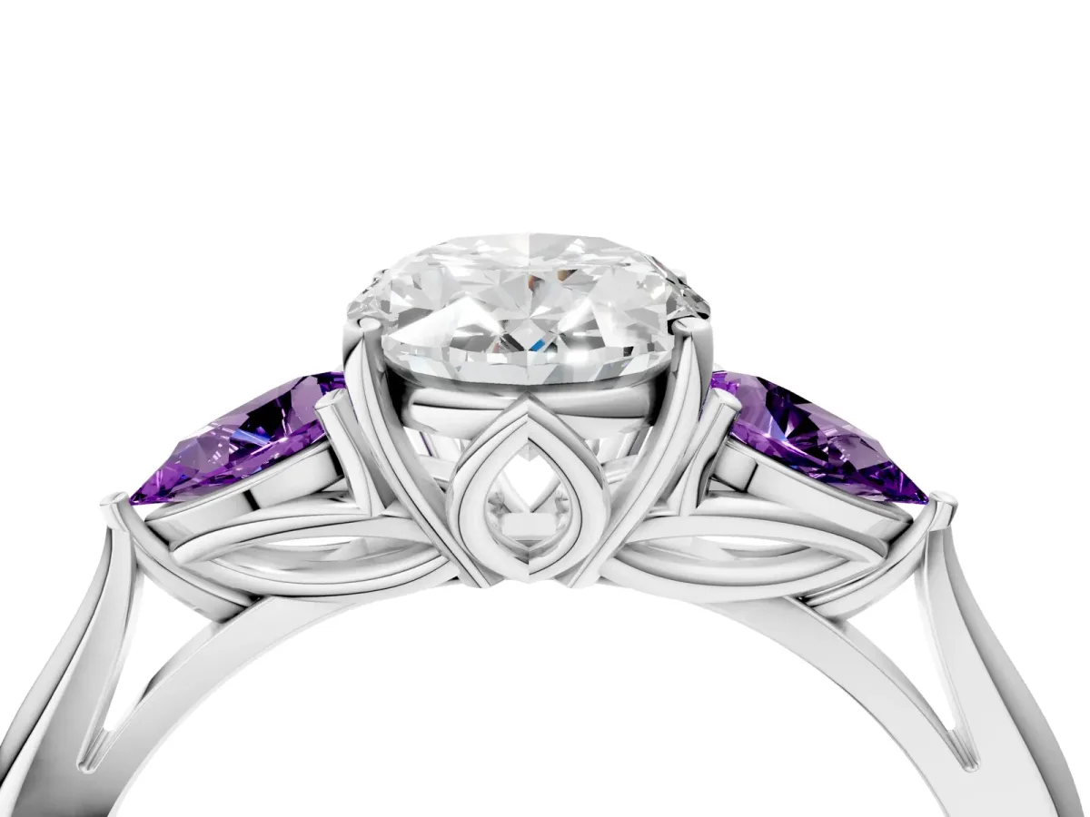 Oval Cut Diamond Three-Stone Ring with Pear Amethyst Side Stones and Prong Setting Silver