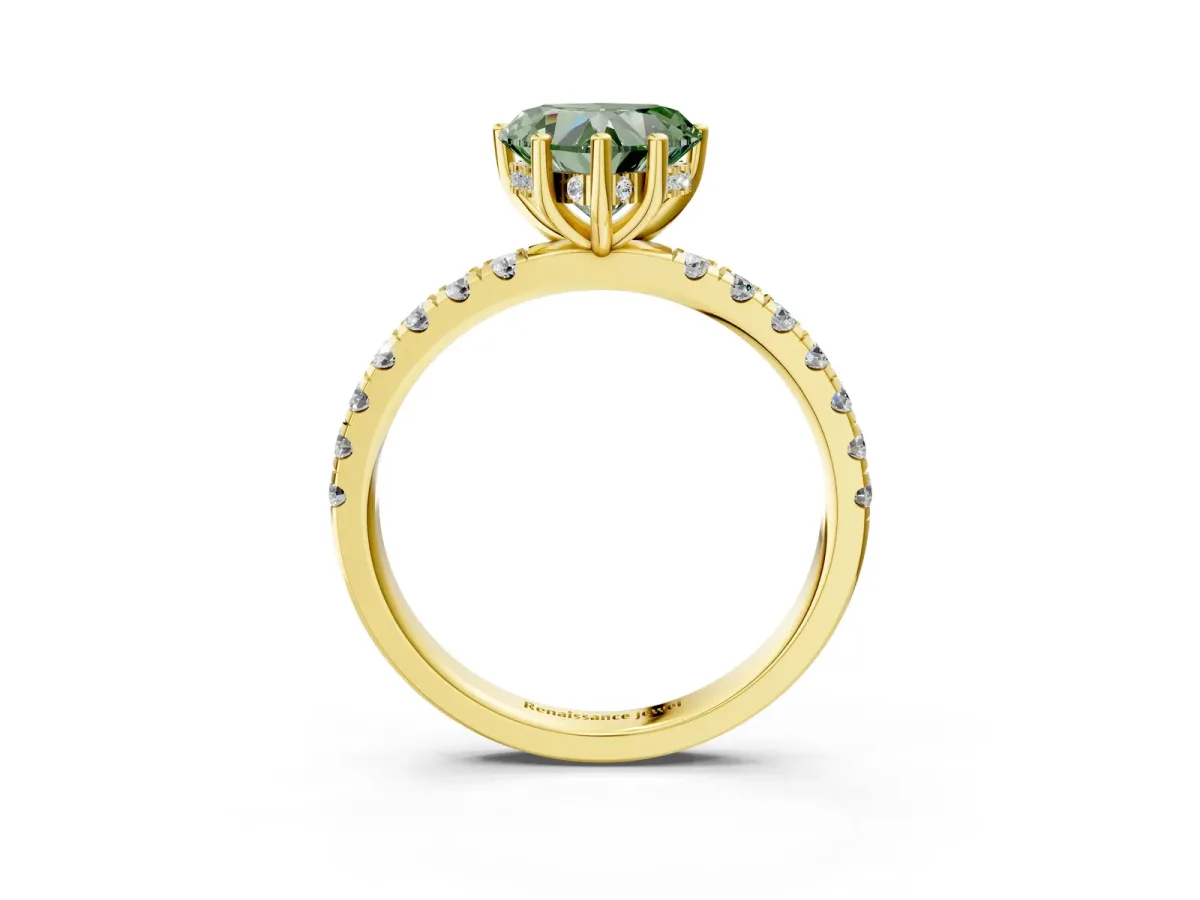 Fancy Green Heart Cut Diamond Pave Band Solitaire Ring with Round and Prong Setting Yellow gold