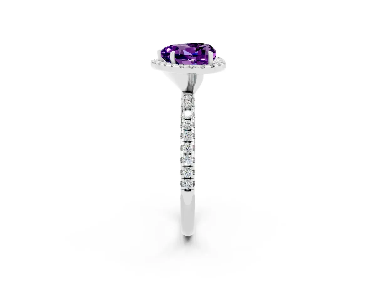 Heart Cut Amethyst Halo Engagement Ring with Round Pavé Band and Prong Setting Platinum