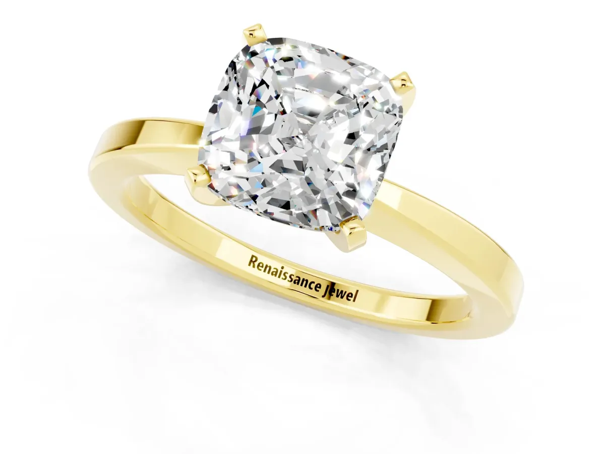 Cushion Cut Moissanite Solitaire Engagement Ring with Classic Band and Four-Prong Setting Yellow gold