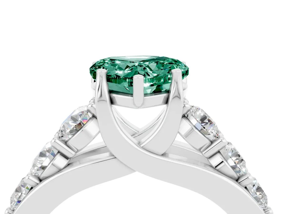 Heart Cut Green Sapphire Engagement Ring with Pavé Band and Four-Prong Setting White gold