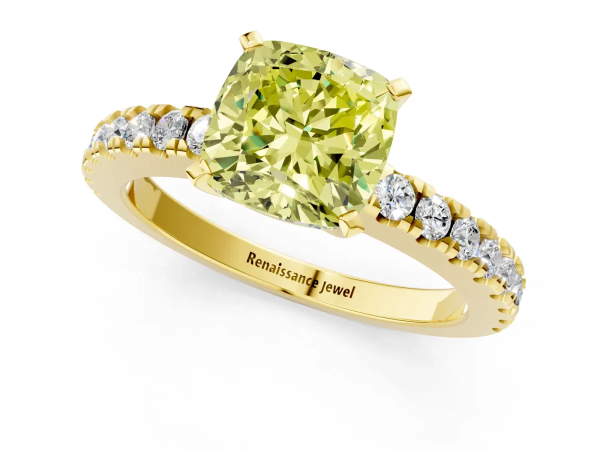 Fancy Yellow Cushion Cut Solitaire Diamond with Pavé Band and Four-Prong Setting Yellow gold