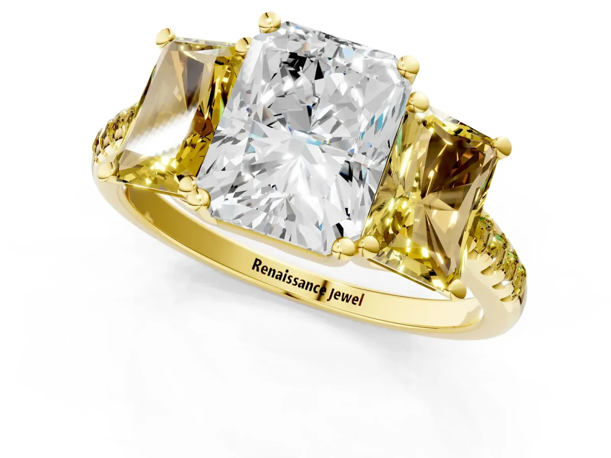 Three-Stone Radiant Cut Diamond Ring with Round Yellow Sapphire Pavé Band and Prong Setting Yellow gold