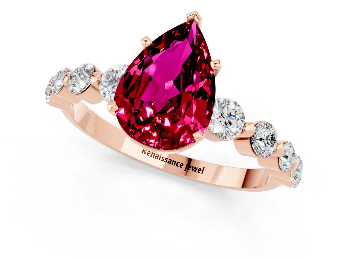 Pear Cut Solitaire Garnet Ring with Pave Band and Four-Prong Setting Rose gold