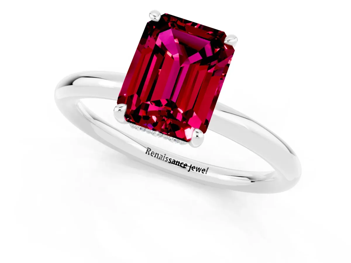 Emerald Cut Garnet Solitaire Ring with Thin Band and Four-Prong Setting White gold