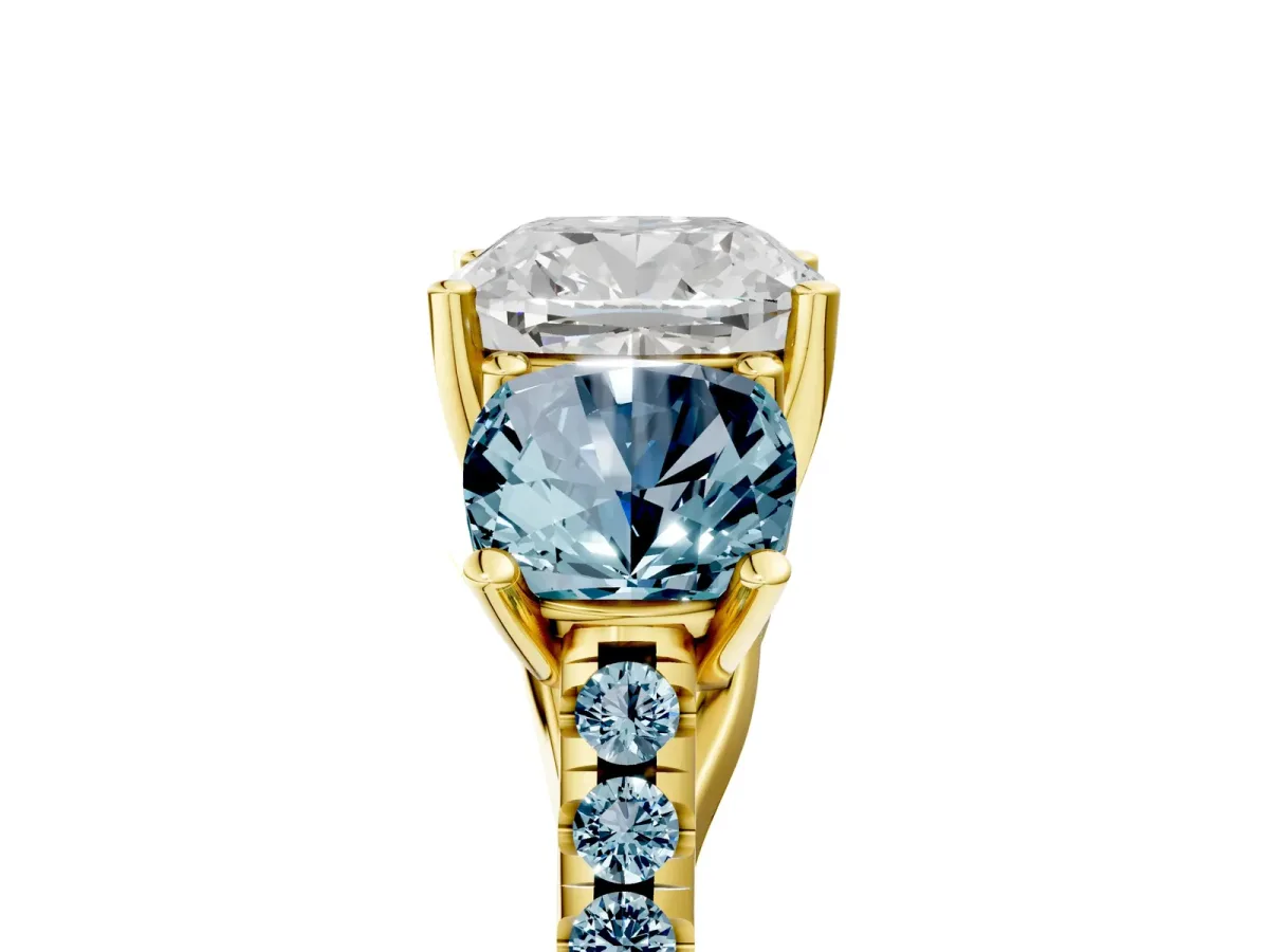Three-Stone Cushion Cut Diamond Ring with Round Aquamarine Pavé Band and Prong Setting Yellow gold