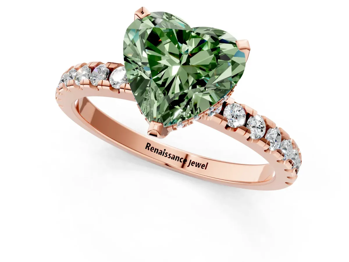 Fancy Green Heart Cut Diamond Solitaire Ring with Round Pavé Band and Four-Prong Setting Rose gold