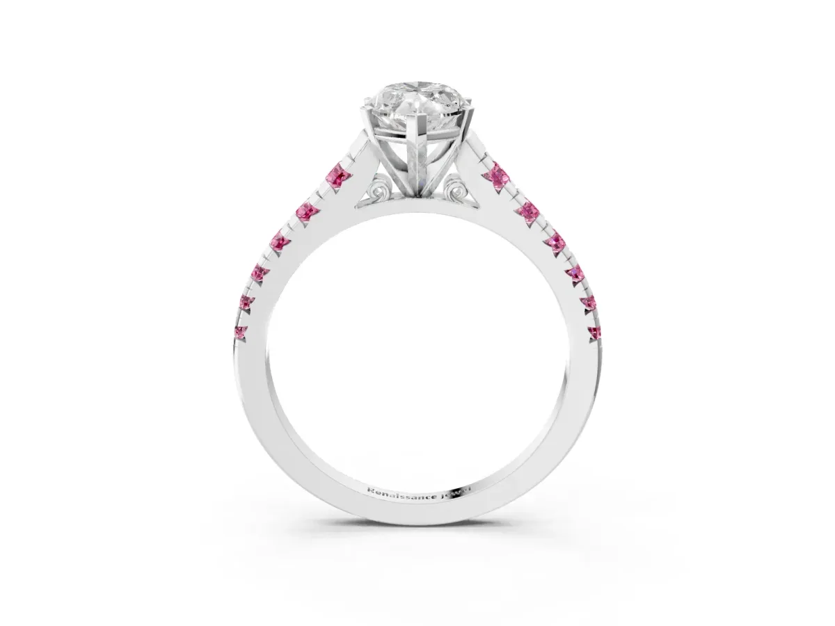 Marquise Cut Diamond Cathedral Solitaire Ring with Round Pink Sapphire Pavé Band White gold