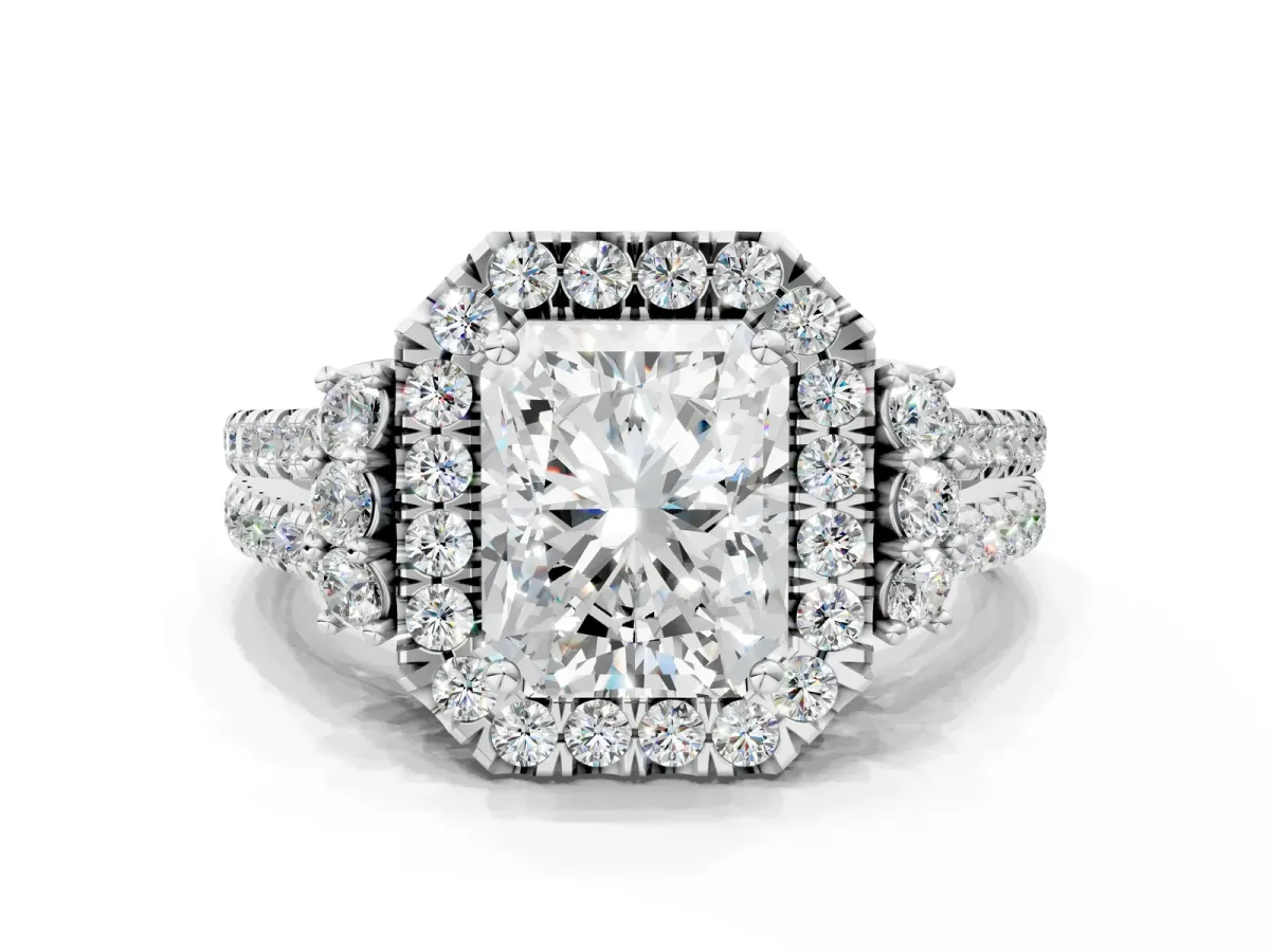 Radiant Cut Cut Double Halo Diamond Engagement Ring with Pave Band and Four-Prong Setting Platinum