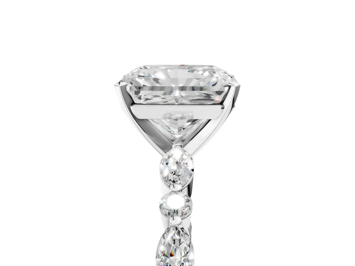 Radiant Cut Diamond Ring with Marquise and Round Moissanite Side Stones and Four-Prong Setting Platinum