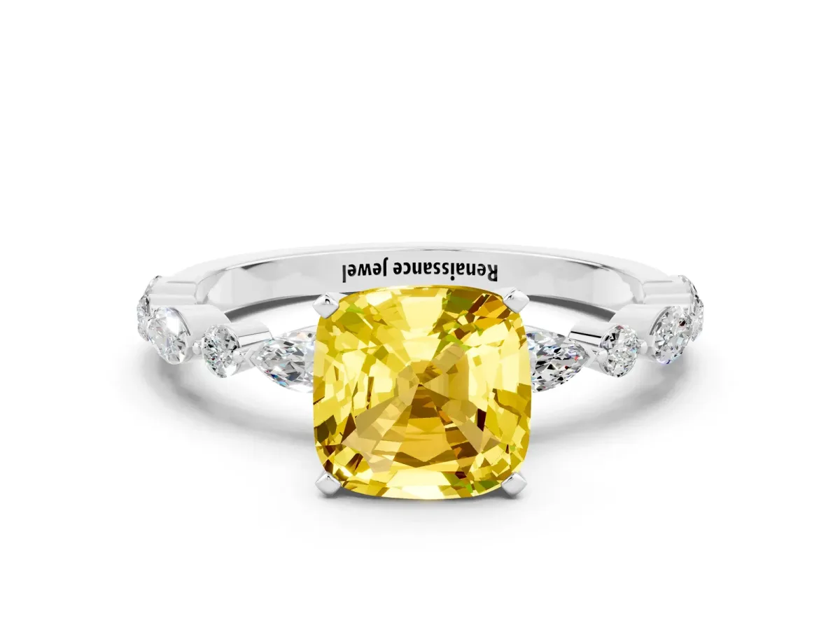 Cushion Cut Yellow Sapphire Ring with Marquise and Round Side Stones and Four-Prong Setting Platinum