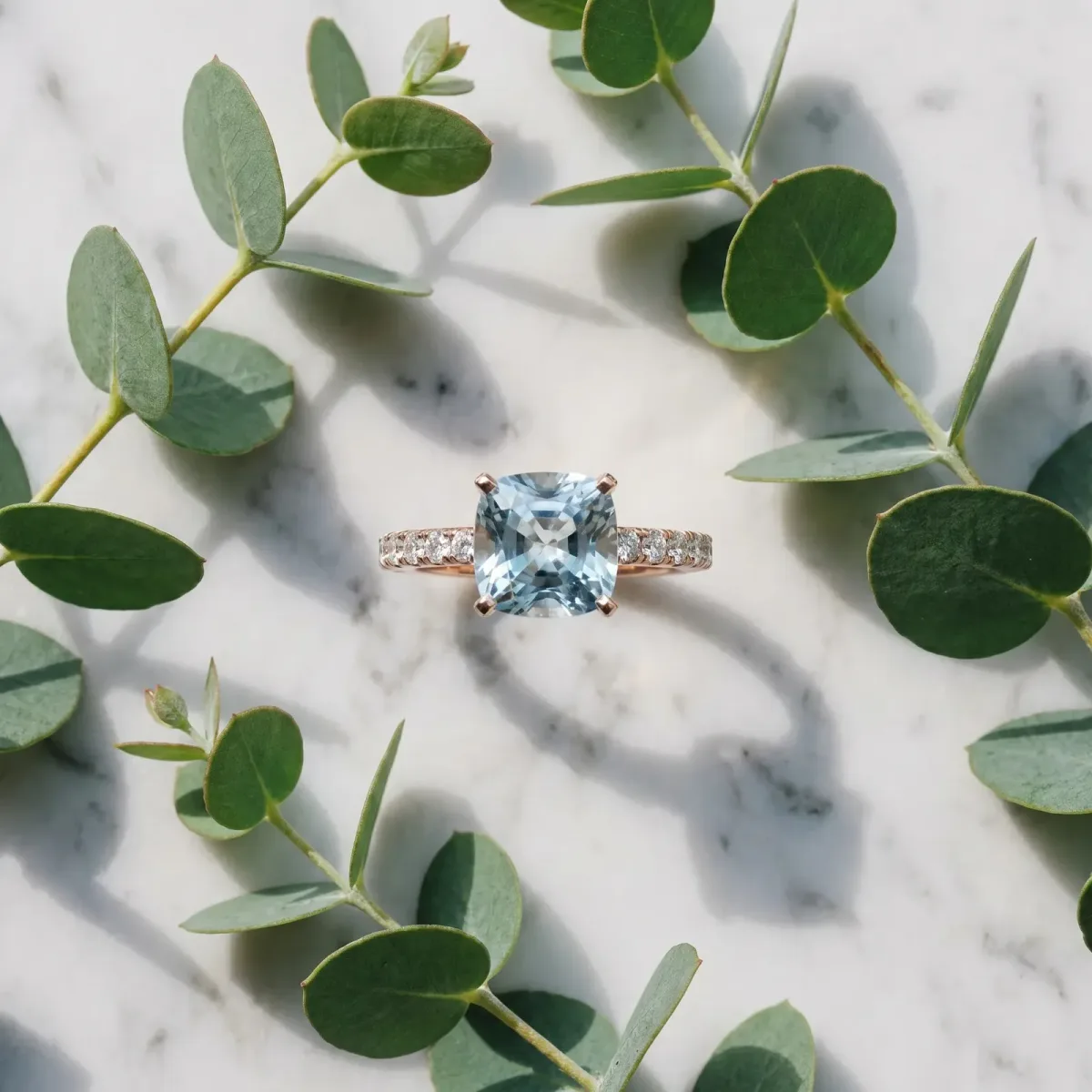 Cushion Cut Aquamarine Solitaire Ring with Round Pavé Band and Four-Prong Setting Rose gold