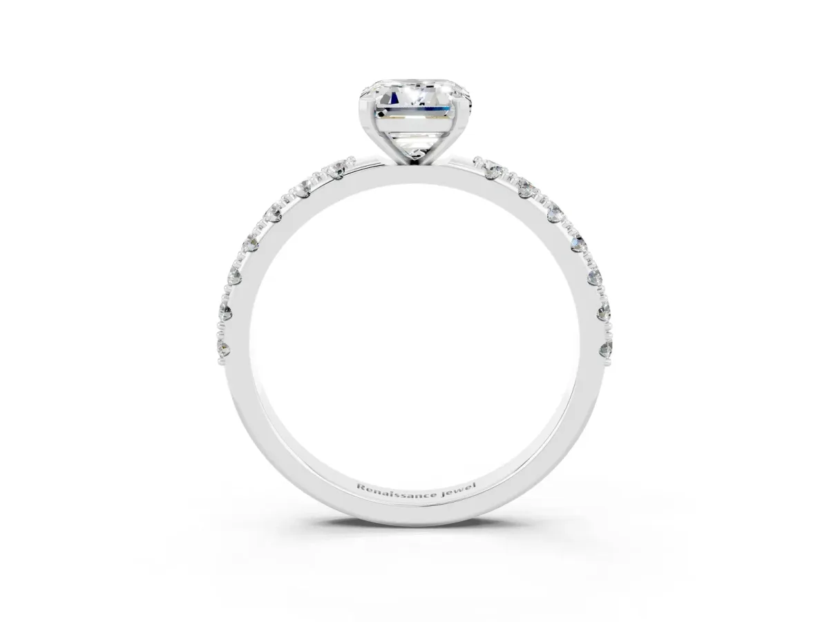 Emerald Cut Moissanite Solitaire Pavé Band with Four-Prong Setting Silver