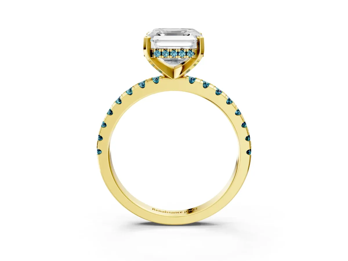 Asscher Cut Diamond Solitaire Ring with Round Blue Topaz Pavé Band and Four-Prong Setting Yellow gold