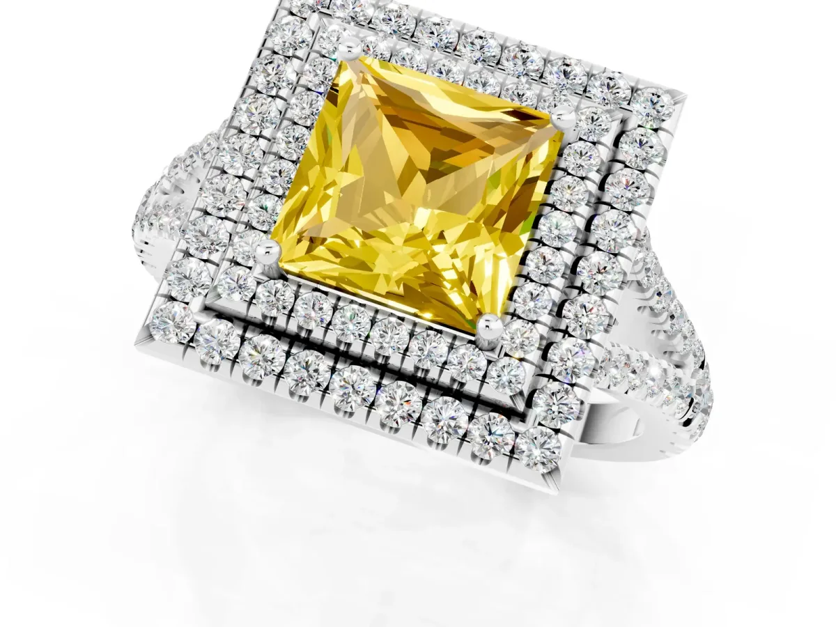 Princess Cut Yellow Sapphire Double Halo Ring with Pavé Band and Prong Setting White gold