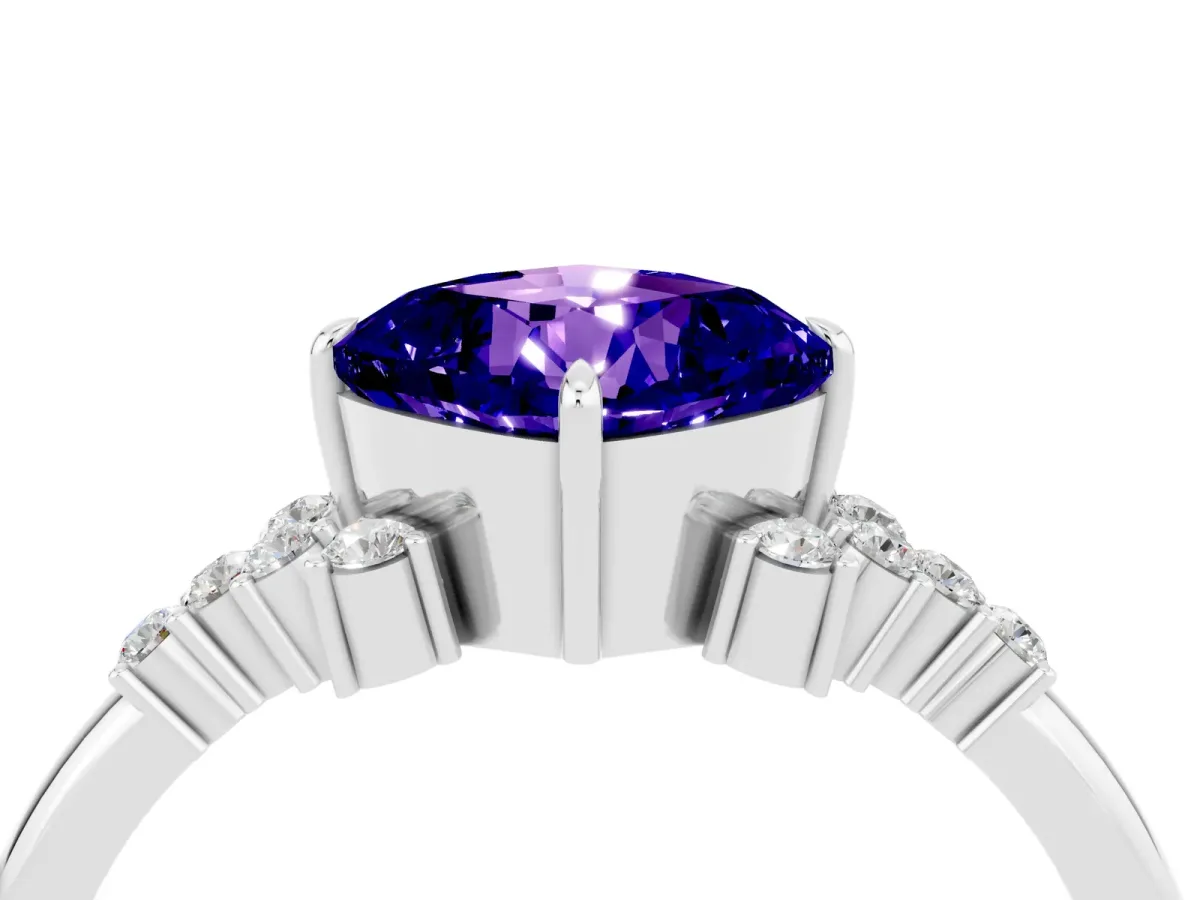 Cushion Cut Tanzanite Ring with Side Stones and Four-Prong Setting Silver