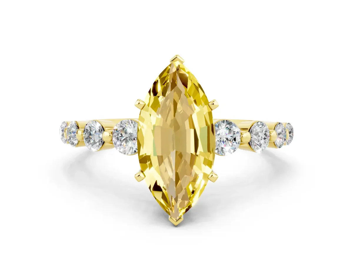Marquise Cut Solitaire Yellow Sapphire Ring with Pave Band and Four-Prong Setting Yellow gold