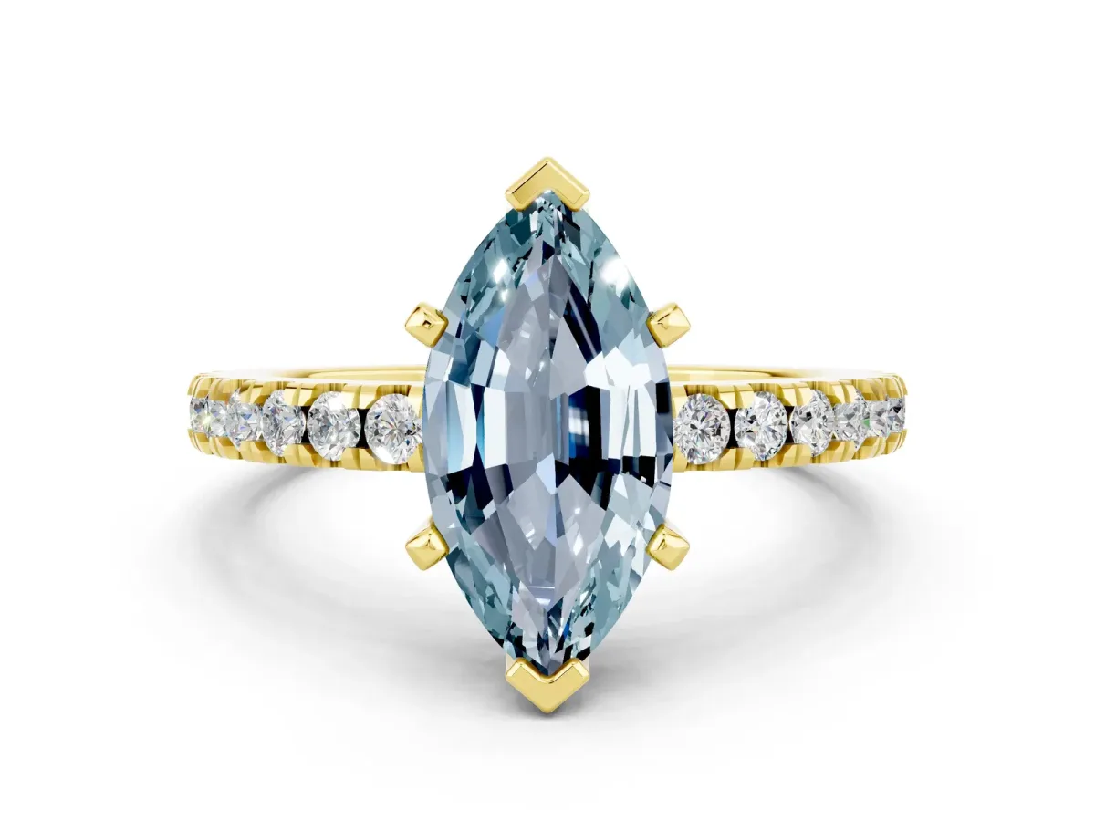 Marquise Cut Solitaire Aquamarine with Pavé Band and Four-Prong Setting Yellow gold