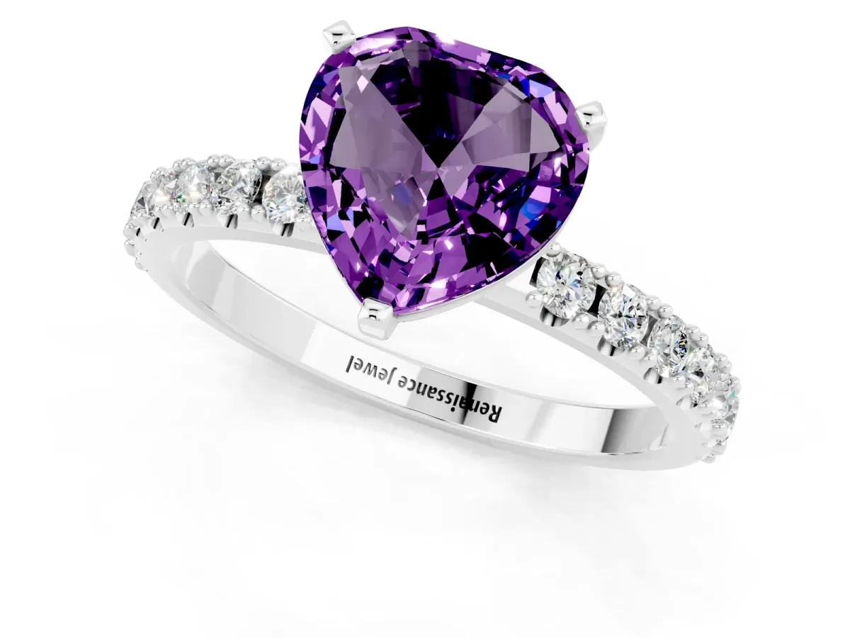Heart Cut Amethyst Solitaire Pavé Band with Four-Prong Setting White gold