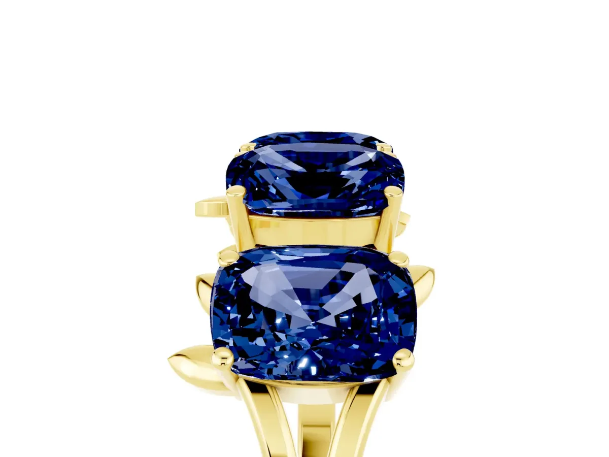 Four-Stone Elongated Cushion Blue Sapphire Band with Nature-Inspired Prong Setting Yellow gold