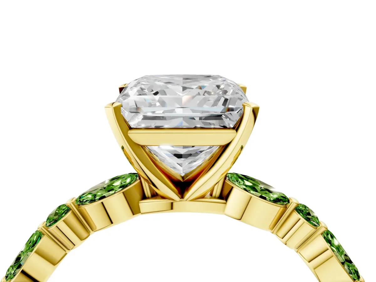 Princess Cut Diamond Ring with Marquise and Round Peridot Side Stones and Four-Prong Setting Yellow gold