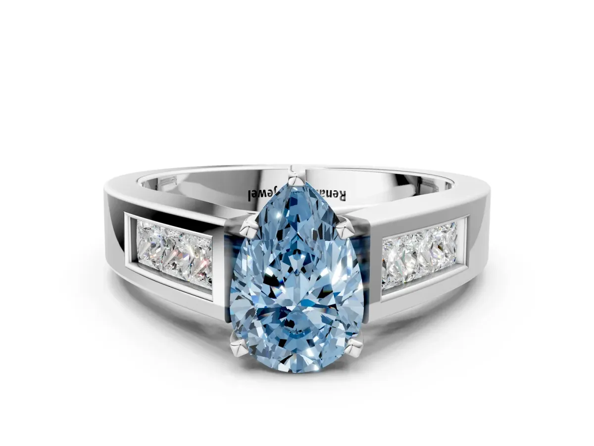 Fancy Blue Pear Cut Cut Channel Set Solitaire Ring with Four-Prong Setting White gold