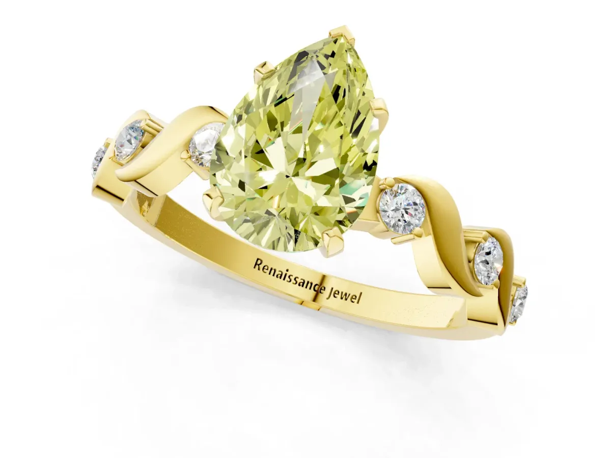 Fancy Yellow Pear Cut Diamond Solitaire Twisted Band with Round Accents and Prong Setting Yellow gold
