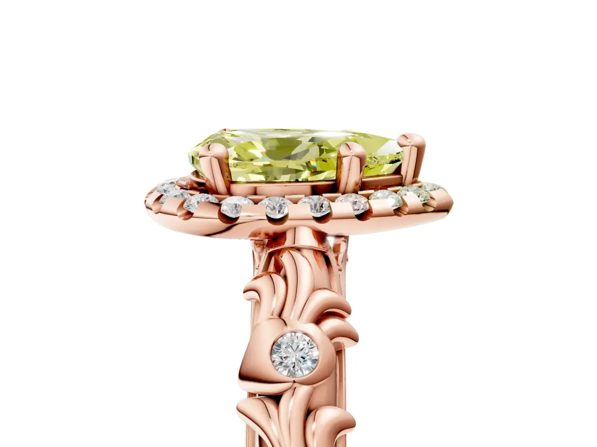 Fancy Yellow Pear Cut Diamond Halo Ring with Filigree Band and Prong Setting Rose gold