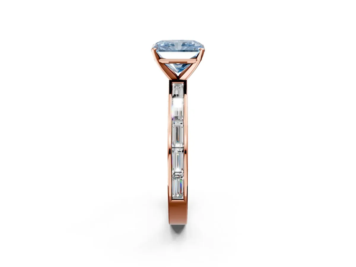 Fancy Blue Radiant Cut Solitaire Diamond Ring with Channel-Set Baguette Band and Four-Prong Setting Rose gold