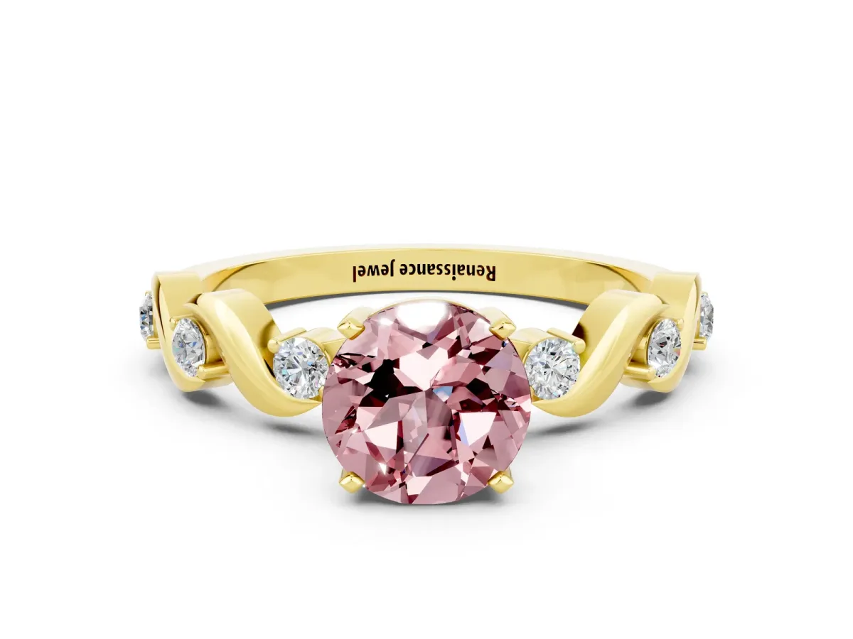 Round Cut Morganite Solitaire Twisted Band with Round Accents and Prong Setting Yellow gold