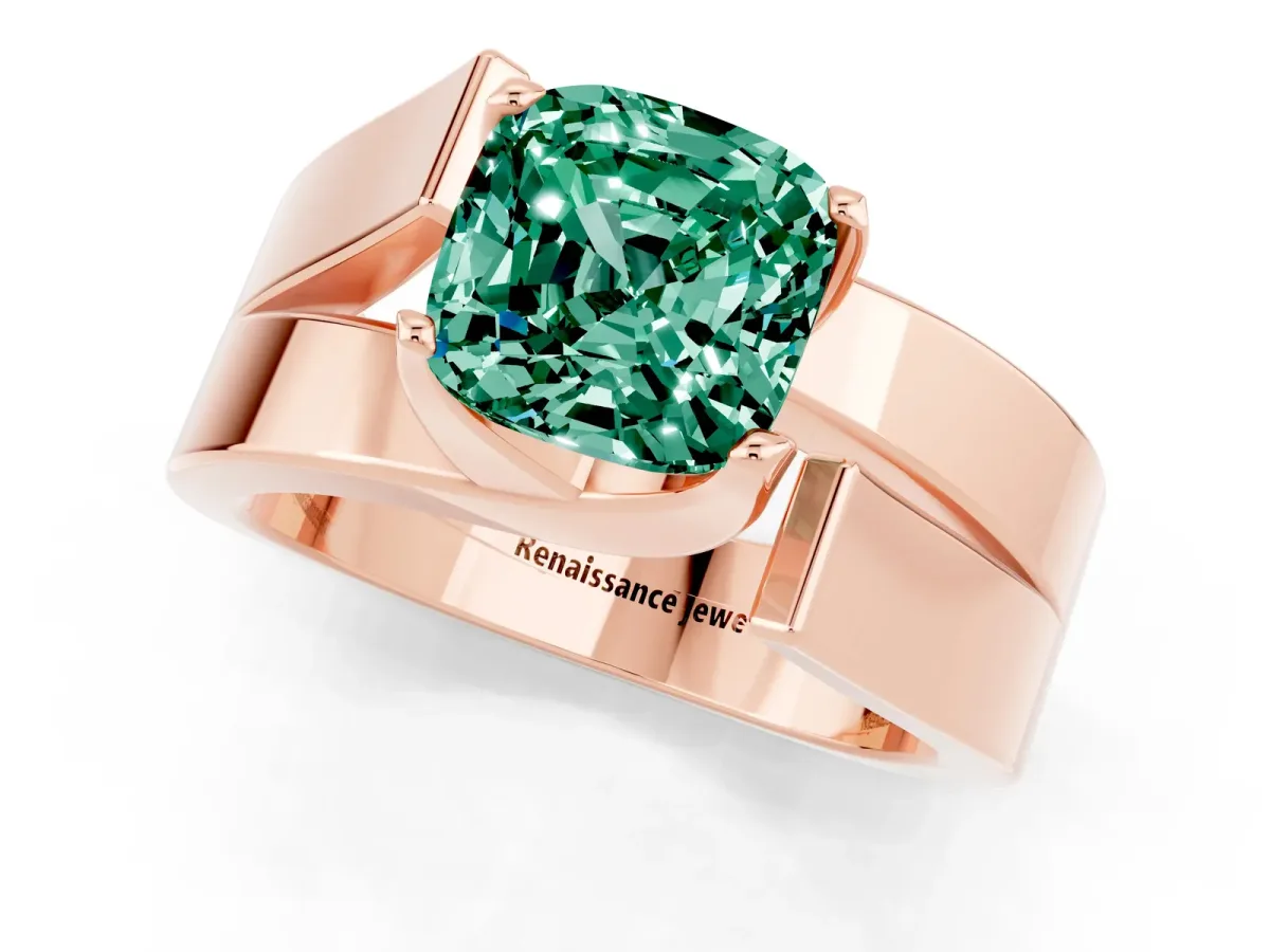 Modern Tension Set Cushion Cut Green Sapphire Solitaire Wide Band Ring Rose gold