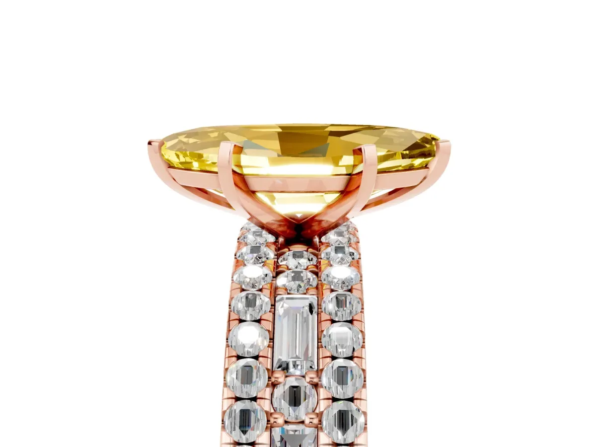 Marquise Cut Yellow Sapphire Solitaire Ring with Pavé and Channel Set Band Rose gold