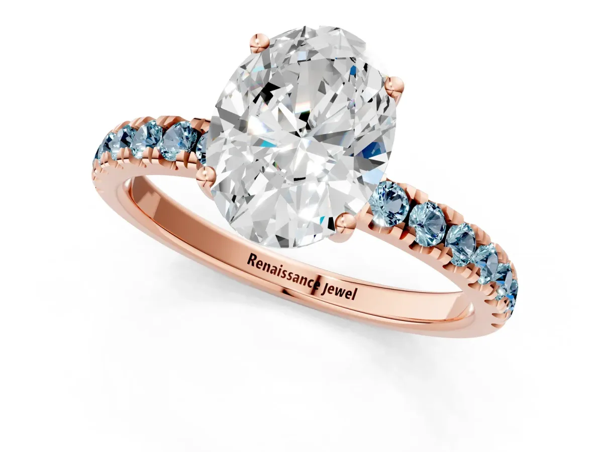 Oval Cut Diamond Pave Band Solitaire Ring with Round Aquamarine and Prong Setting Rose gold