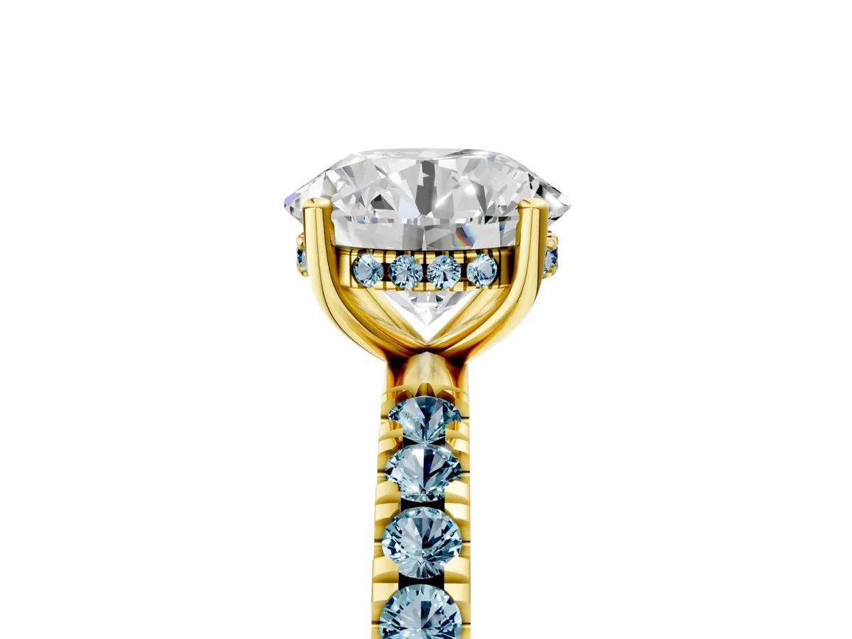Round Cut Diamond Pave Band Solitaire Ring with Round Aquamarine and Prong Setting Yellow gold