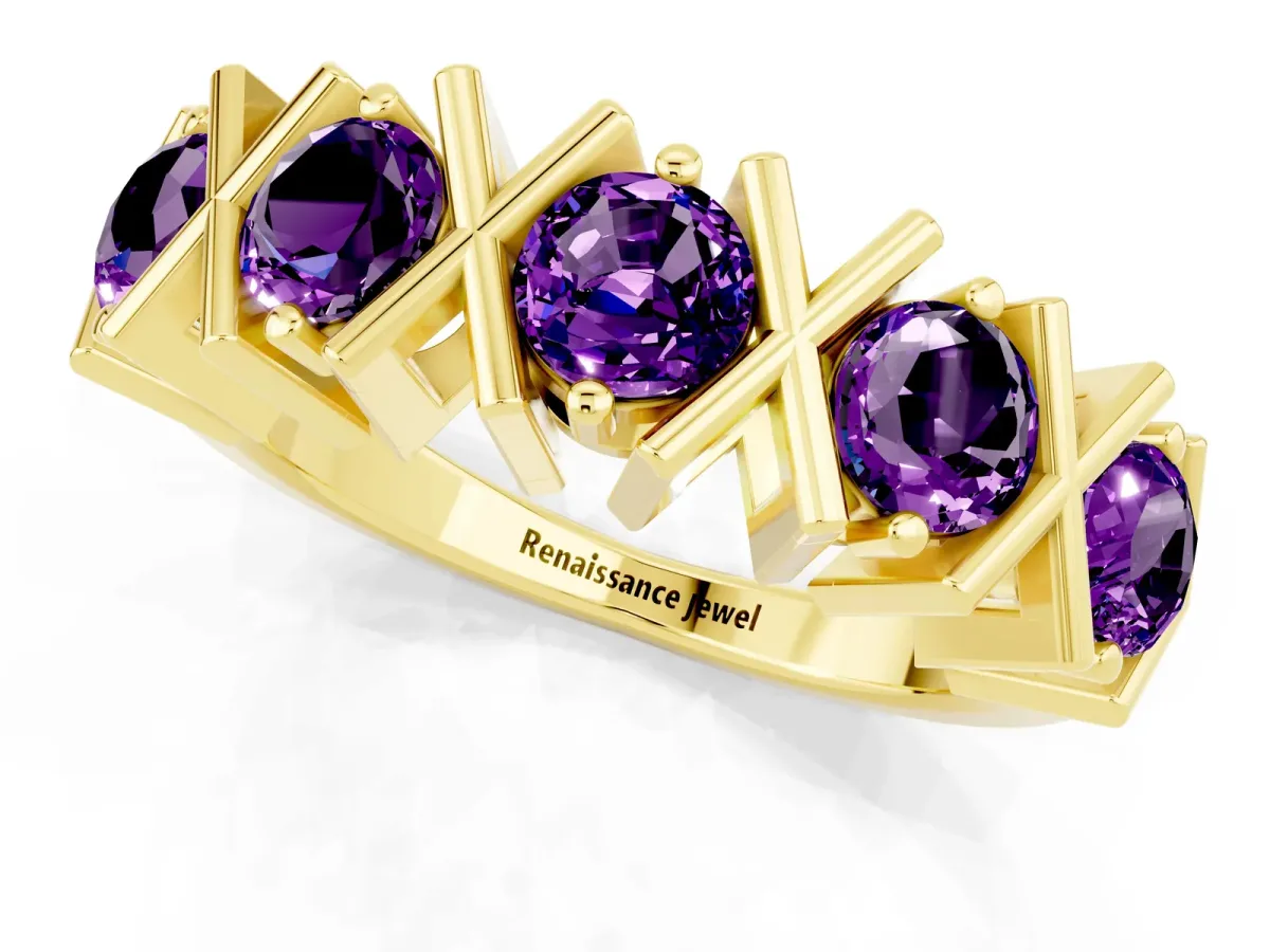 Round Amethyst Channel Set Band with X-Prong Detail Yellow gold