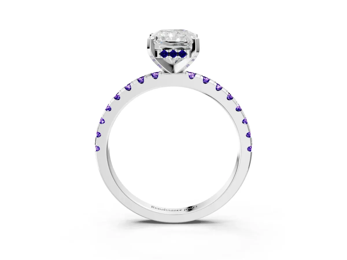 Radiant Cut Diamond Solitaire Ring with Round Tanzanite Pavé Band and Four-Prong Setting White gold