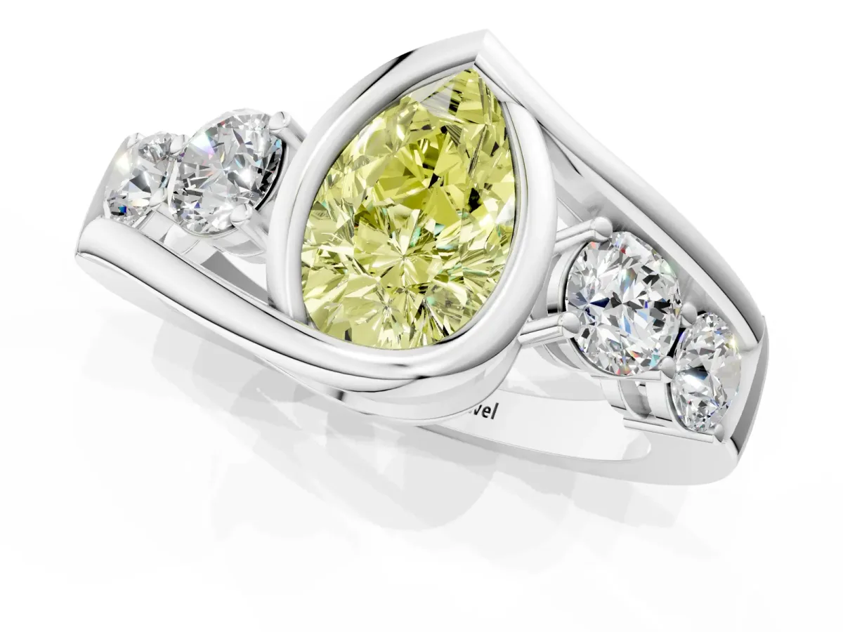Fancy Yellow Bezel Set Pear Cut Diamond Bypass Ring with Round Accents Silver