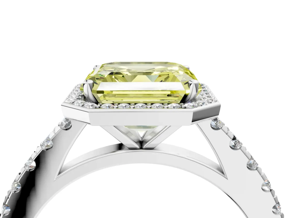 Fancy Yellow Asscher Cut Cut Halo Diamond Engagement Ring with Pave Band and Four-Prong Setting Platinum