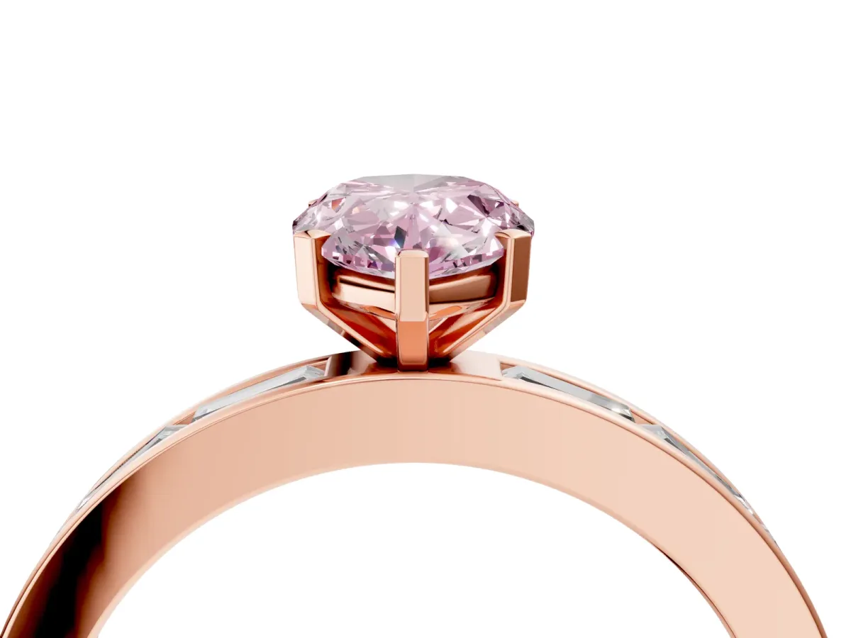 Fancy Pink Pear Cut Solitaire Diamond Ring with Channel-Set Baguette Band and Four-Prong Setting Rose gold