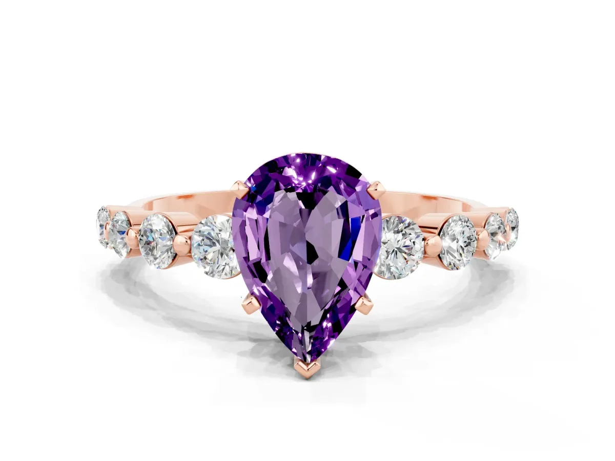 Pear Cut Solitaire Amethyst Ring with Pave Band and Four-Prong Setting Rose gold