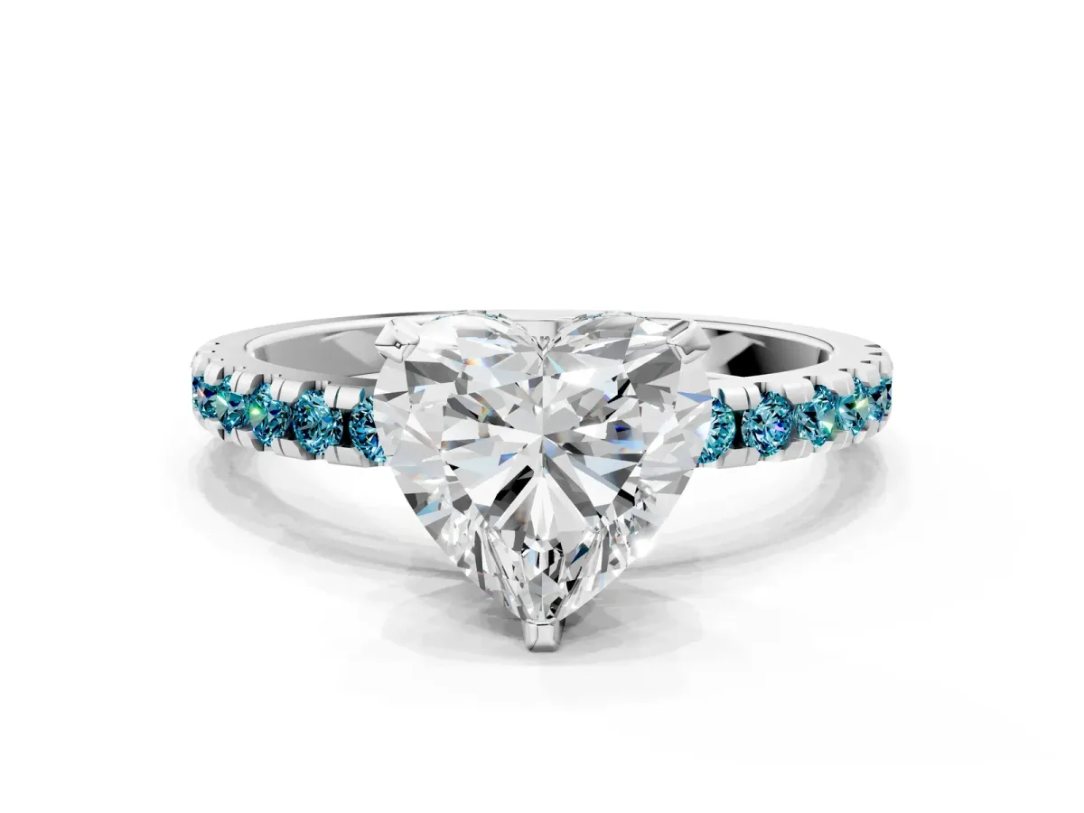 Heart Cut Diamond Solitaire Ring with Round Blue Topaz Pavé Band and Four-Prong Setting White gold