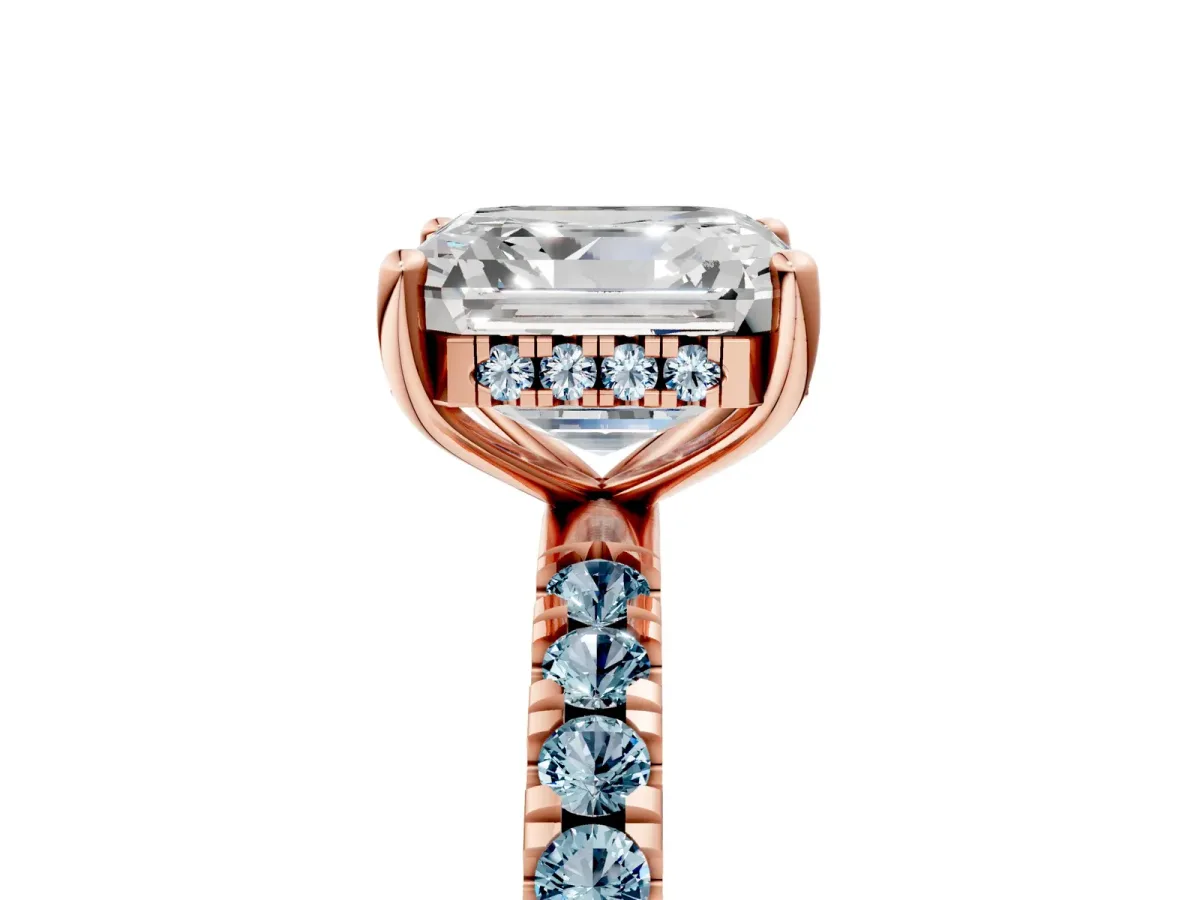 Asscher Cut Diamond Pave Band Solitaire Ring with Round Aquamarine and Prong Setting Rose gold