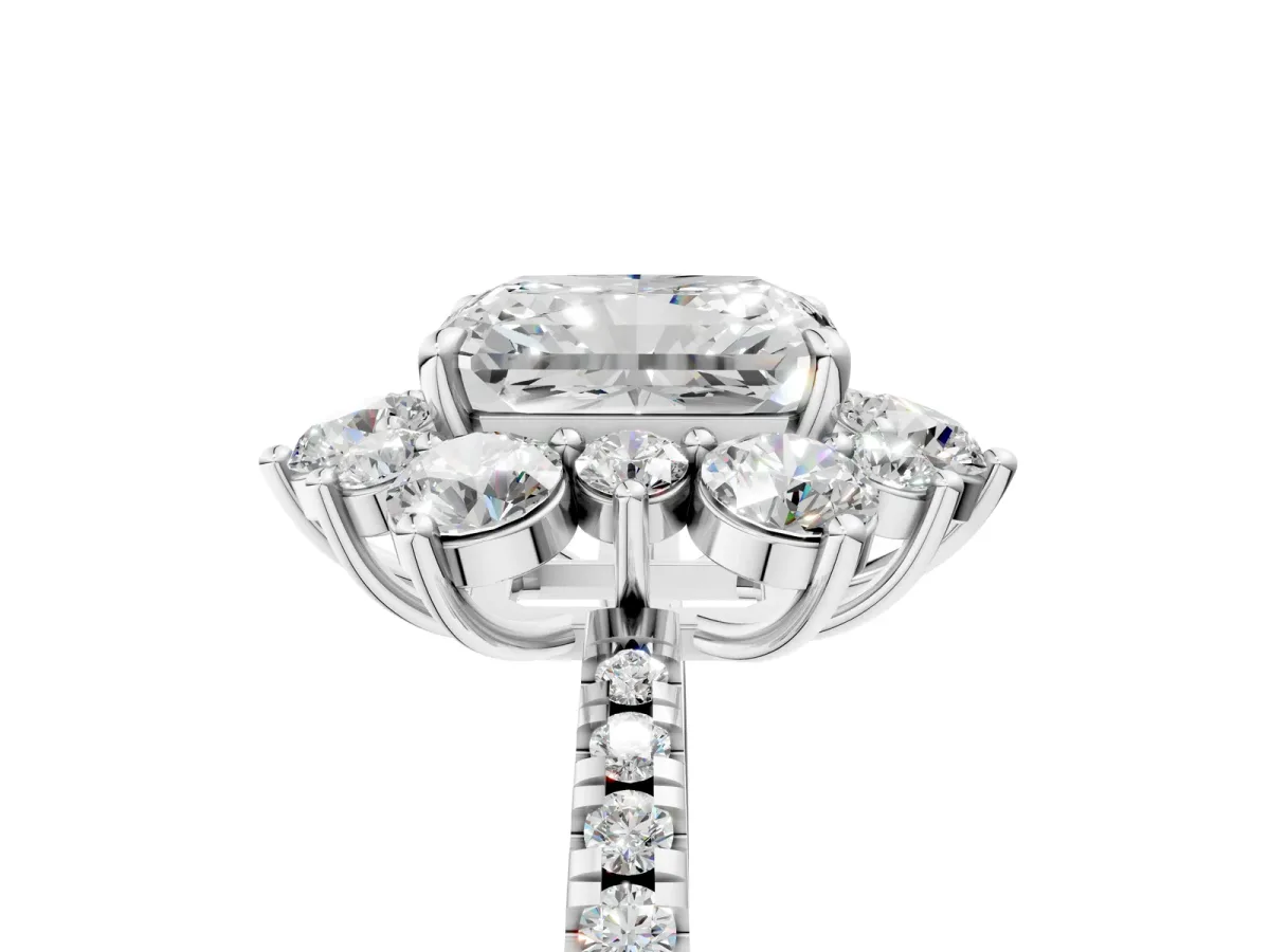 Radiant Cut Diamond Floral Halo Ring with Round Pavé Band and Prong Setting Platinum