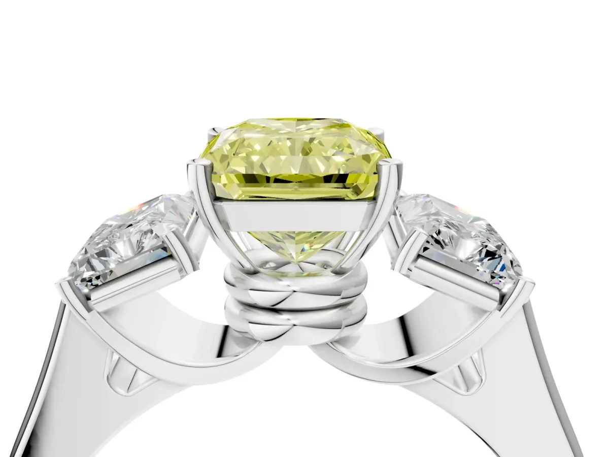 Fancy Yellow Three-Stone Radiant Cut Brilliant Diamond Trellis Ring with Comfort Fit Band Platinum